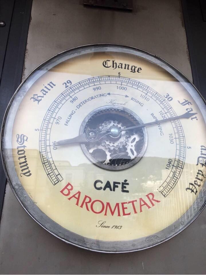 A close-up of vintage machinery used as decor inside Café Barometar.