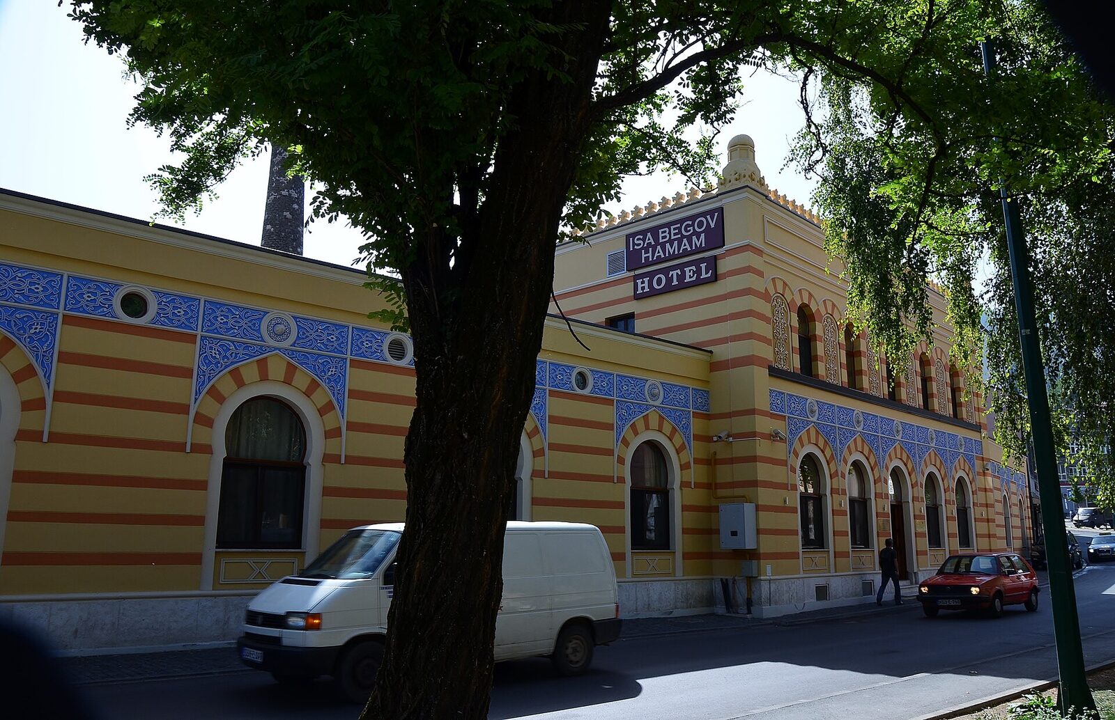 The Isa Begov Hamam Hotel signboard on the corner of the restored building in Bistrik, Sarajevo.