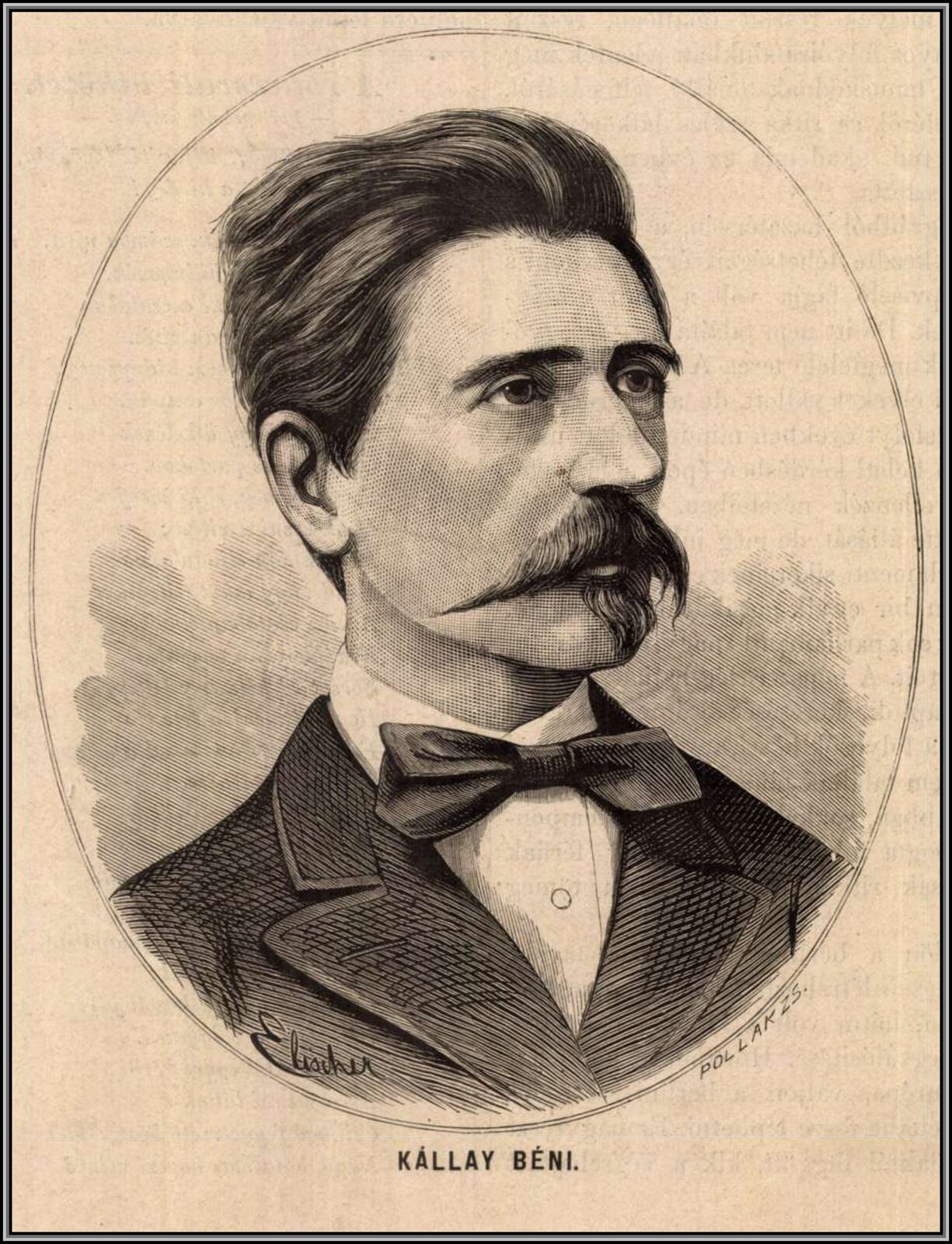 A portrait engraving of Béni Kállay from the Hungarian journal Magyarország és a Nagyvilág, dated 12 October 1879 — three years before he takes the Bosnian portfolio.
