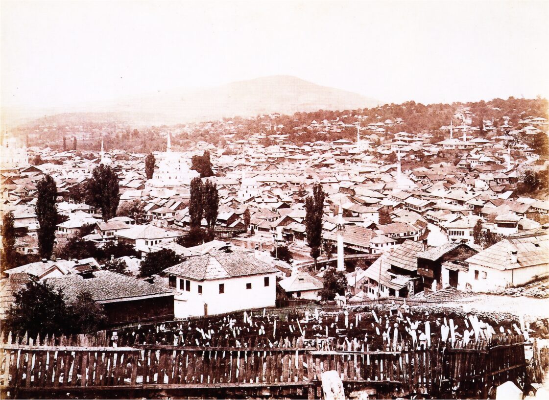 Sepia panoramic view of Sarajevo circa 1890, photographed by György Klösz during the early Habsburg administration.