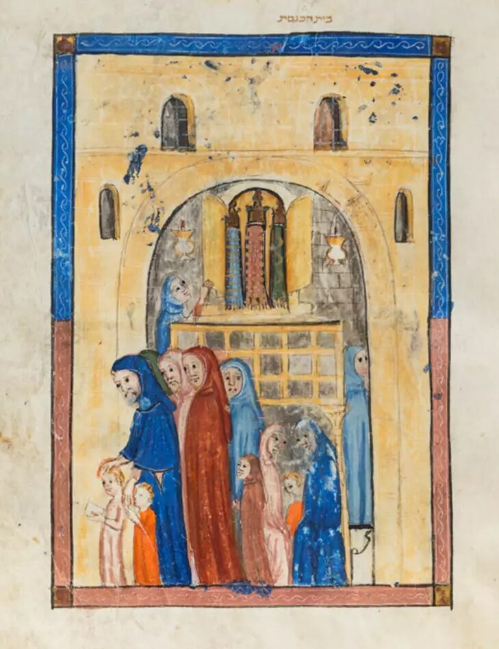 An illuminated folio of the Sarajevo Haggadah showing a synagogue interior scene — figures gathered around a central reader, with architectural columns and arches framing the composition.