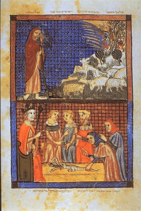 An illuminated page from the Sarajevo Haggadah: Moses kneeling before the burning bush in the upper panel; below, Aaron's staff swallowing the staves of Pharaoh's magicians, after Exodus 7:10–11.