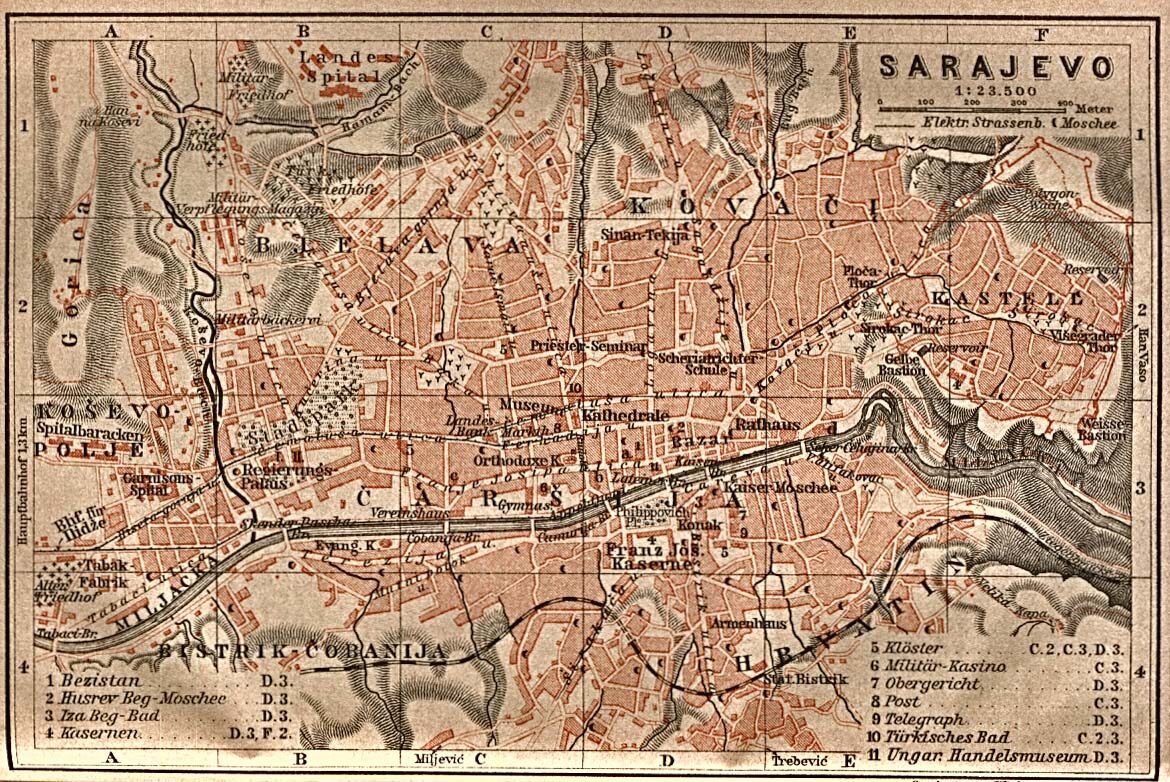 The 1905 Baedeker travel-guide map of central Sarajevo — an extract of the Habsburg-era base map, showing the Miljacka, the tram line along Ferhadija, the city centre, and the newly-built imperial public buildings.