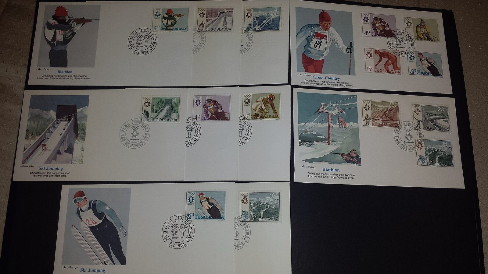 A Yugoslav First Day Cover envelope from the 1984 Sarajevo Winter Olympics, featuring postage stamps of the Olympic venues and the Vučko wolf mascot, with a commemorative postmark.