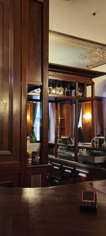 A dark wooden bar counter with shelves of bottles and glasses behind it, under a painted ceiling.