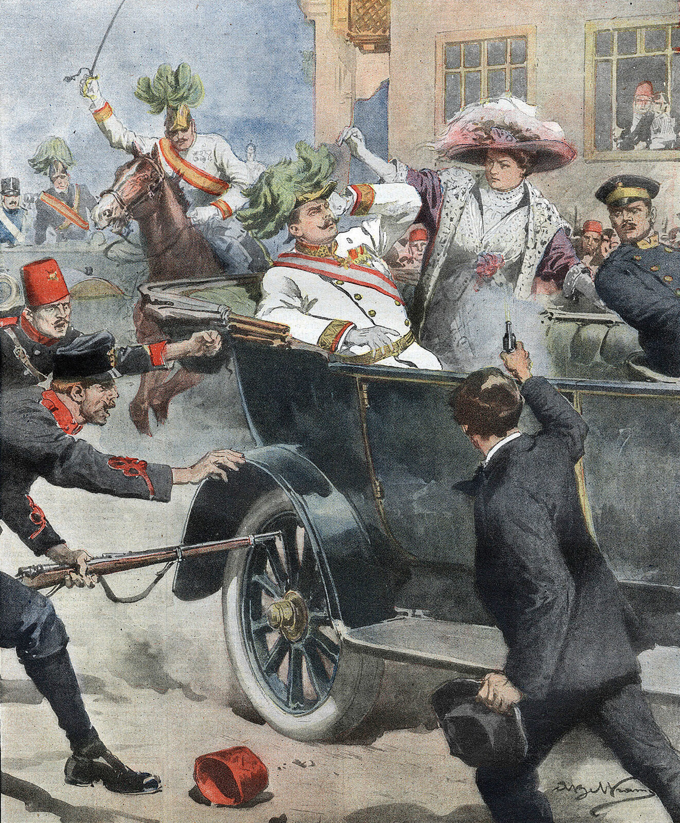 An illustration by Achille Beltrame for the Italian newspaper Domenica del Corriere, July 1914, depicting Gavrilo Princip shooting Archduke Franz Ferdinand and Sophie Chotek in their open car in Sarajevo. The drawing shows the scene from the south side of the Appel Quay with bystanders recoiling.